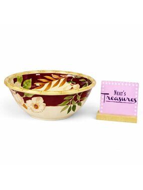 Home Trends HIBISCUS Bamboo Edge Ferns Floral Red Border Round 9" Serving Bowl